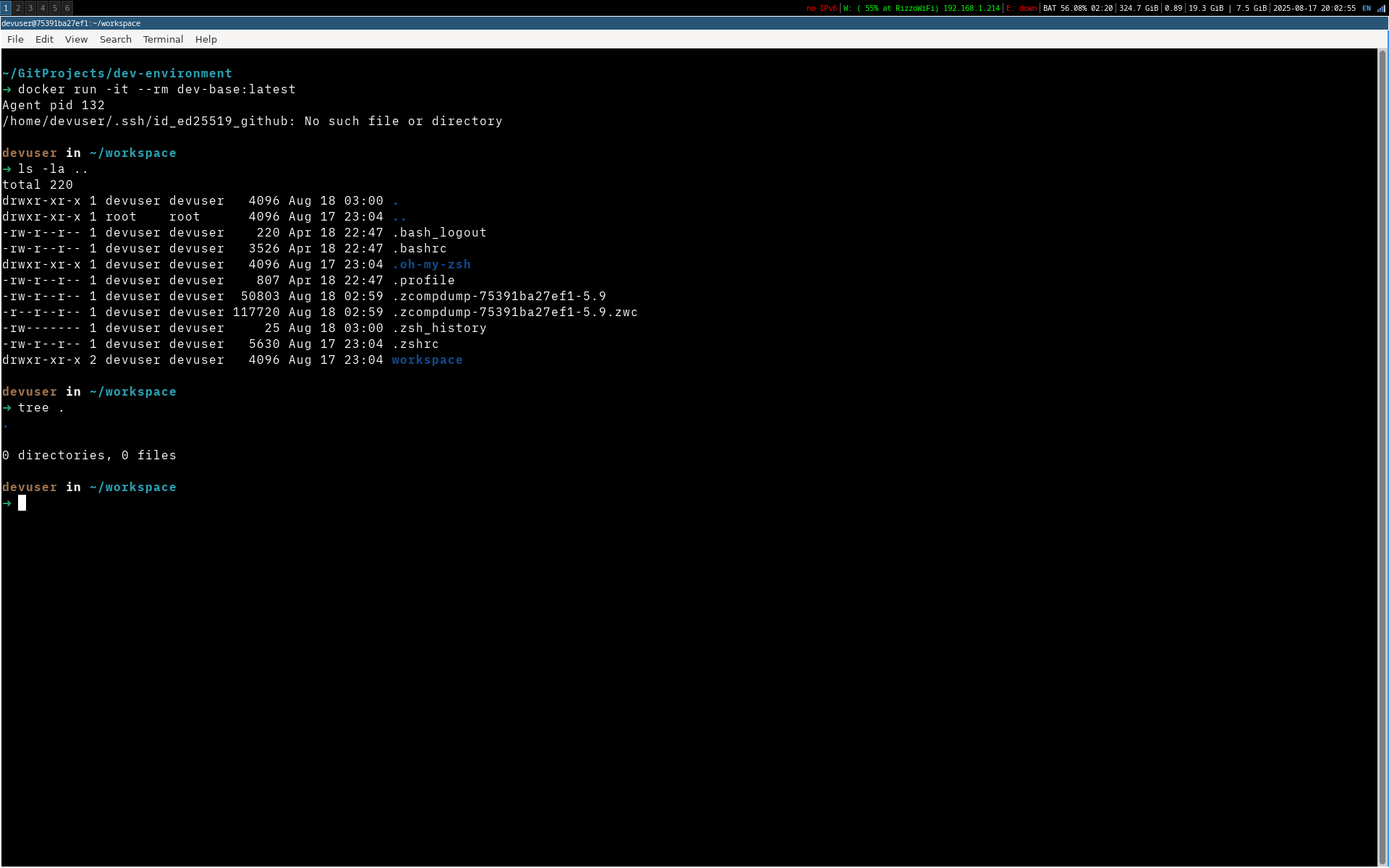 Enhanced dev-base container with oh-my-zsh and custom theme