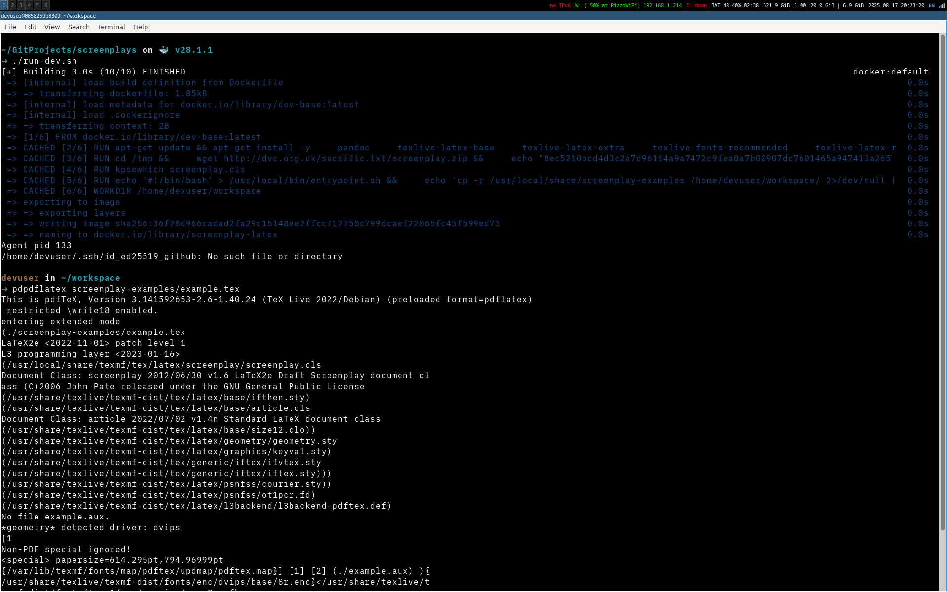 LaTeX container showing successful screenplay compilation